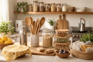 Verzameling duurzame keuken producten: herbruikbare bewaardozen, bijenwas wraps, bamboe tools en glazen potten