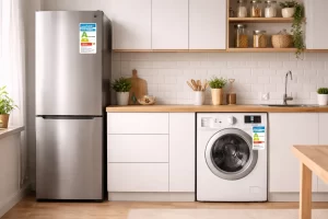Infographic hoe kies je energiezuinige apparaten met energielabels, verbruikscijfers en vergelijking efficiënte huishoudappar