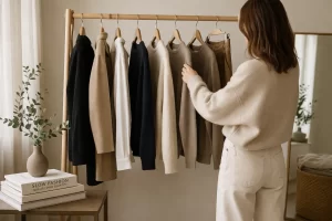 Illustratie die slow fashion uitlicht: bewuste kleding keuzes, kwaliteit en duurzaamheid in plaats van fast fashion trends