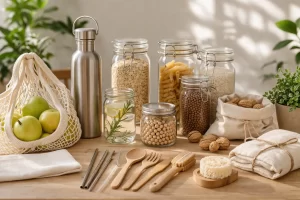 Collectie zero waste producten Nederland inclusief herbruikbare flessen, glazen potten en bamboe keukengerei